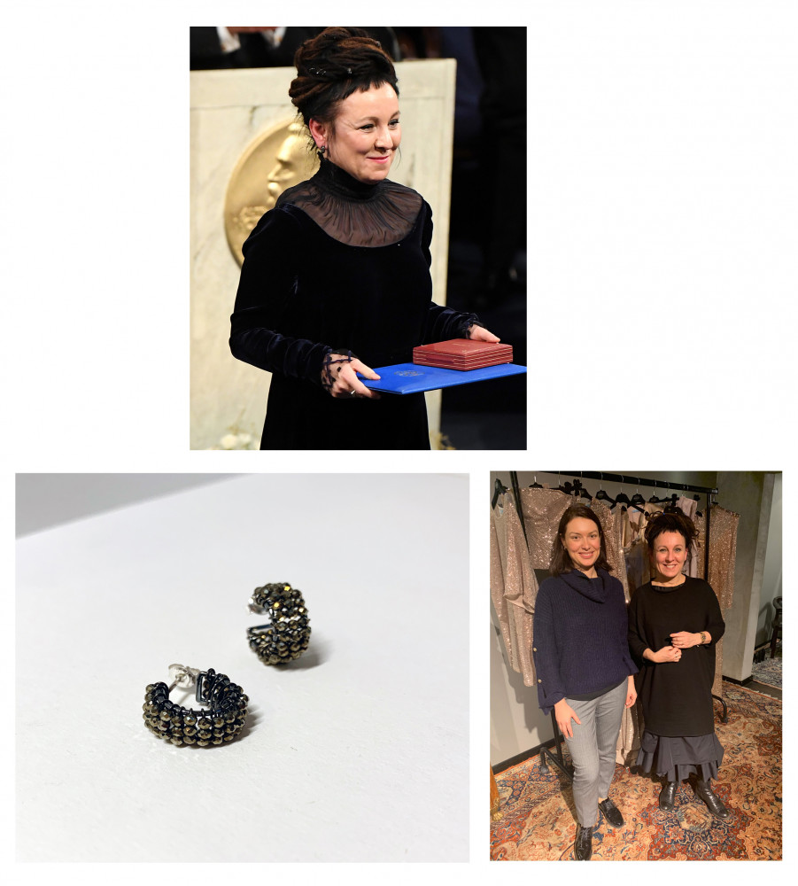 Olga Tokarczuk receives a literature Nobel prize in Kasia Wójcik earrings and Gosia Baczyńska dress